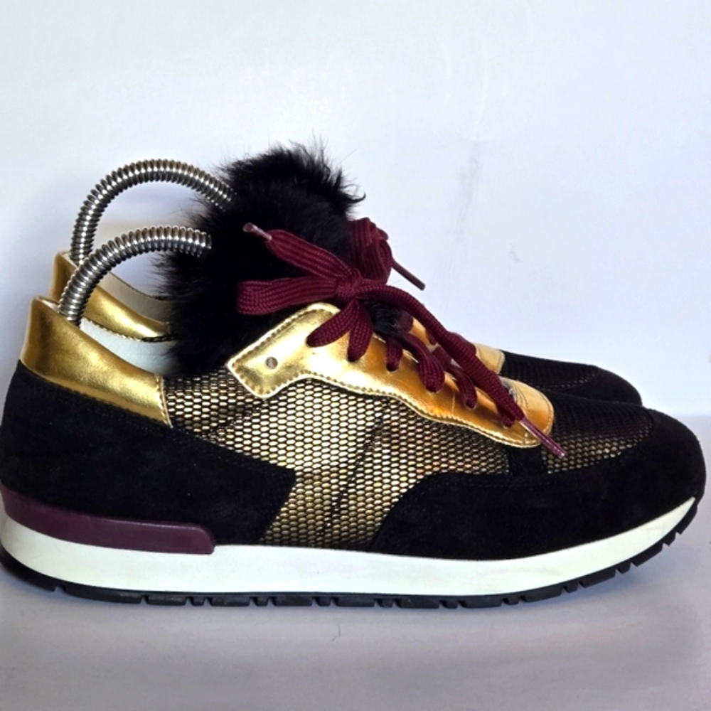 POLLINI Mesh-paneled Metallic and Fur Suede Sneakers size 37